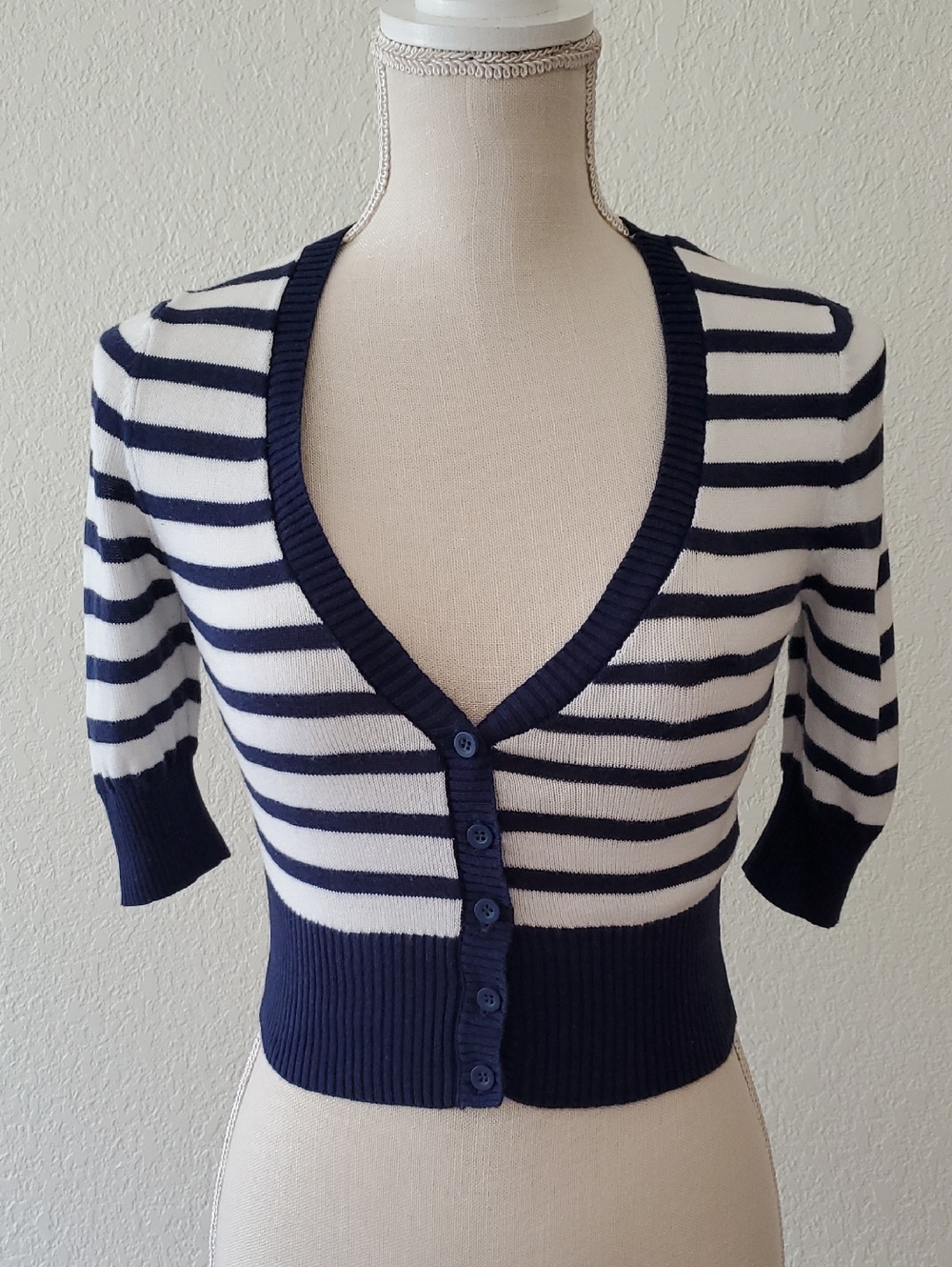 SO Navy and White Striped Cropped V-Neck Cardigan